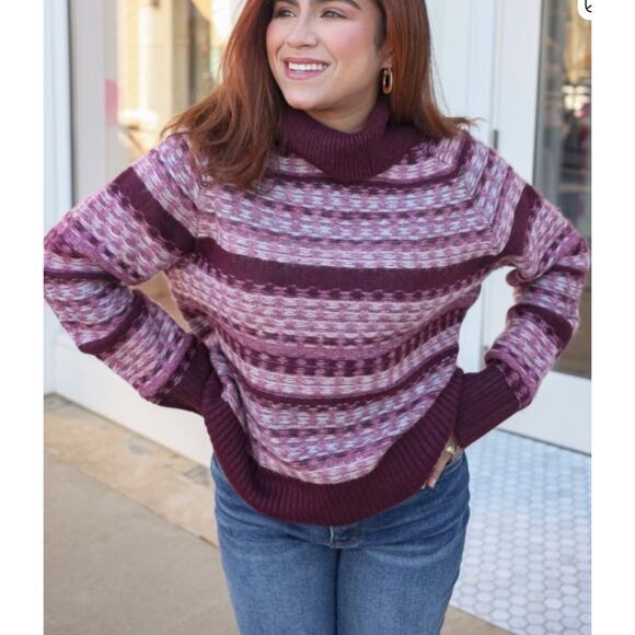 Evereve Petra Fair Isle Nordic Turtleneck Sweater Women’s M Maroon Pink Cozy - Picture 2 of 6